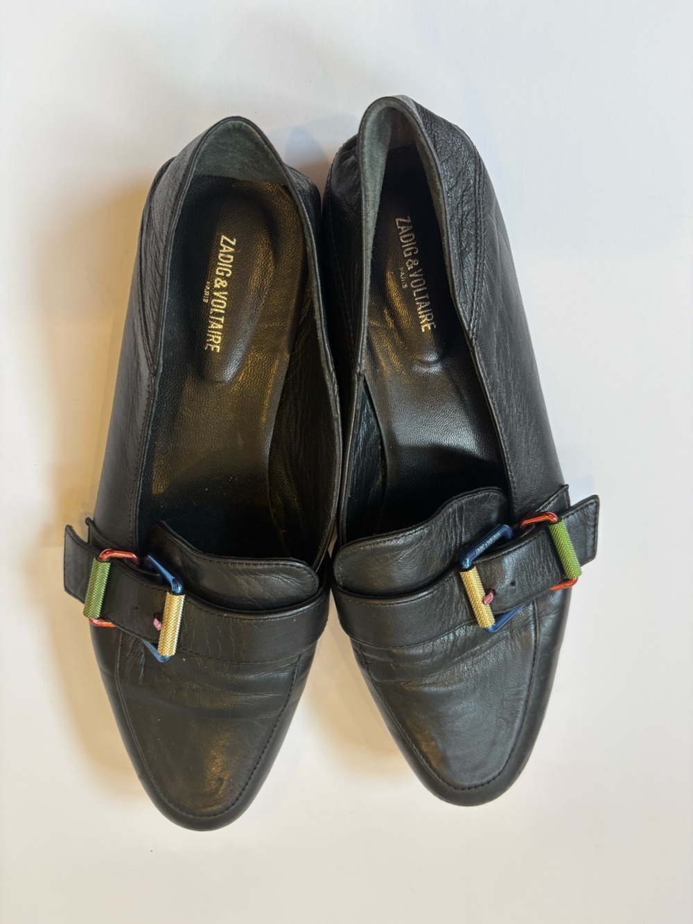 Zadig & Voltaire Happy Loafers Black Leather Rainbow Buckle Size 38
